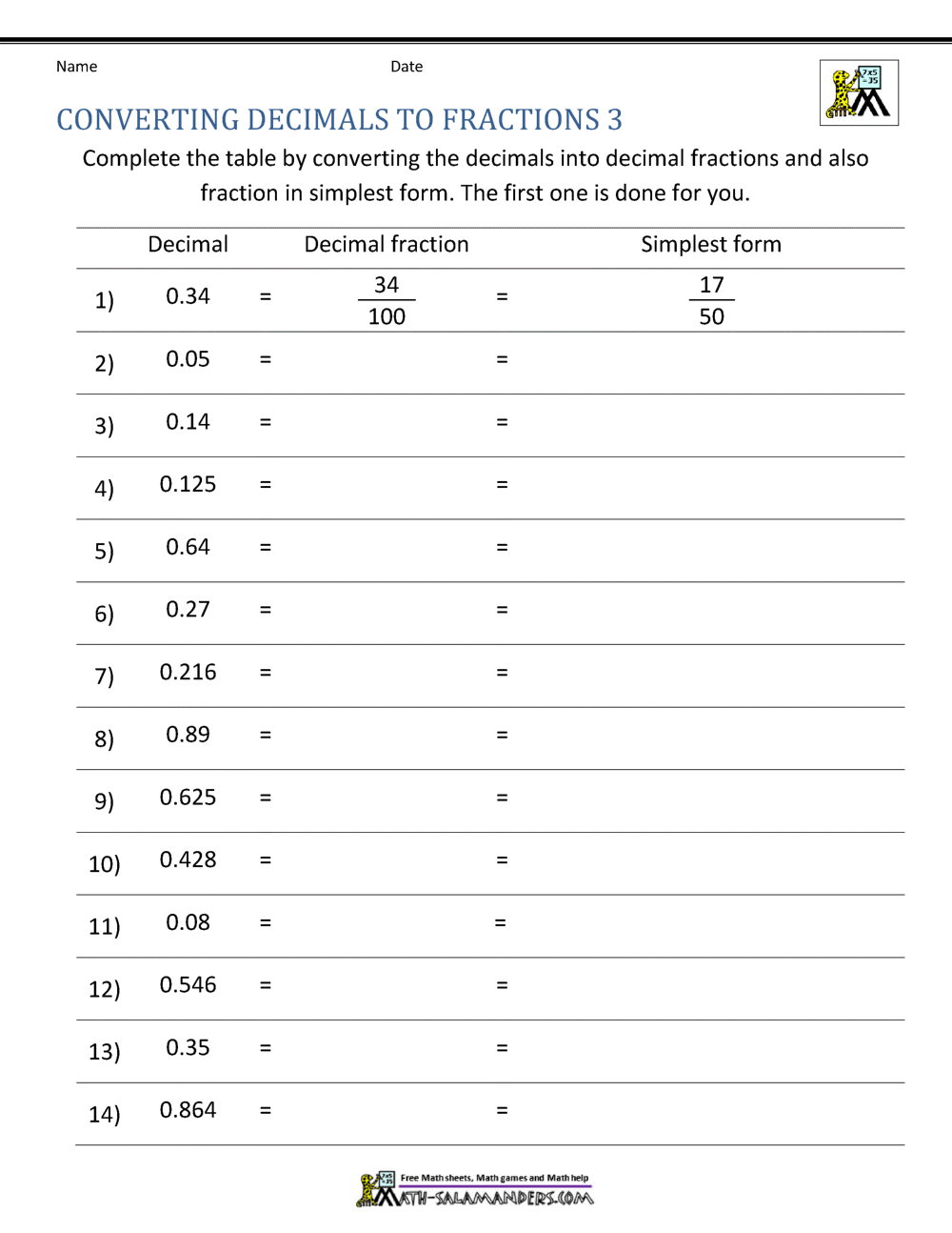 Free Fraction To Decimal Worksheets PDF Easy Generator For Students