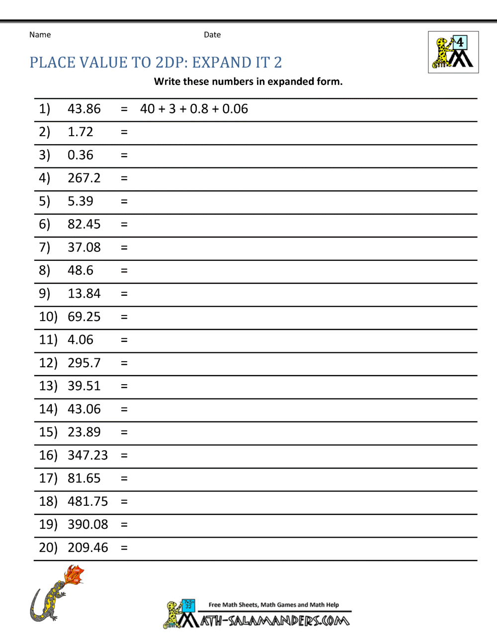 Decimal Place Value Worksheets