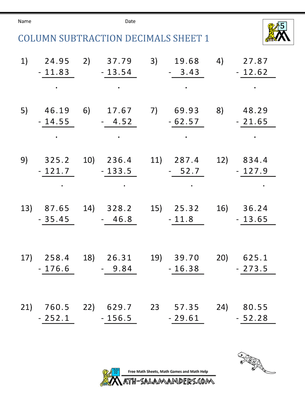 Decimal Subtraction Worksheets Decimal Subtraction Worksheets