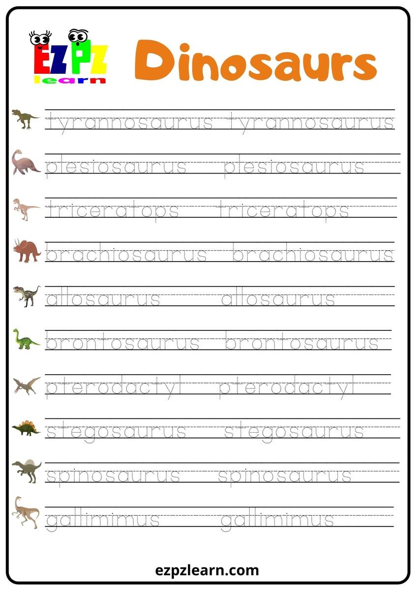 Dinosaurs Word Tracing Worksheet Ezpzlearn