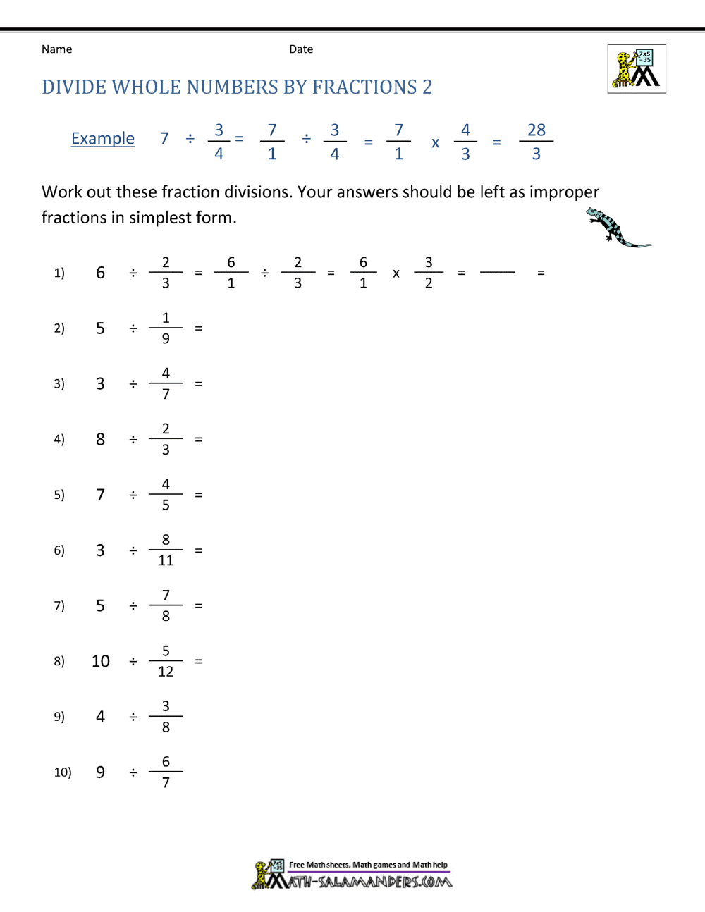 Divide Whole Numbers By Fractions