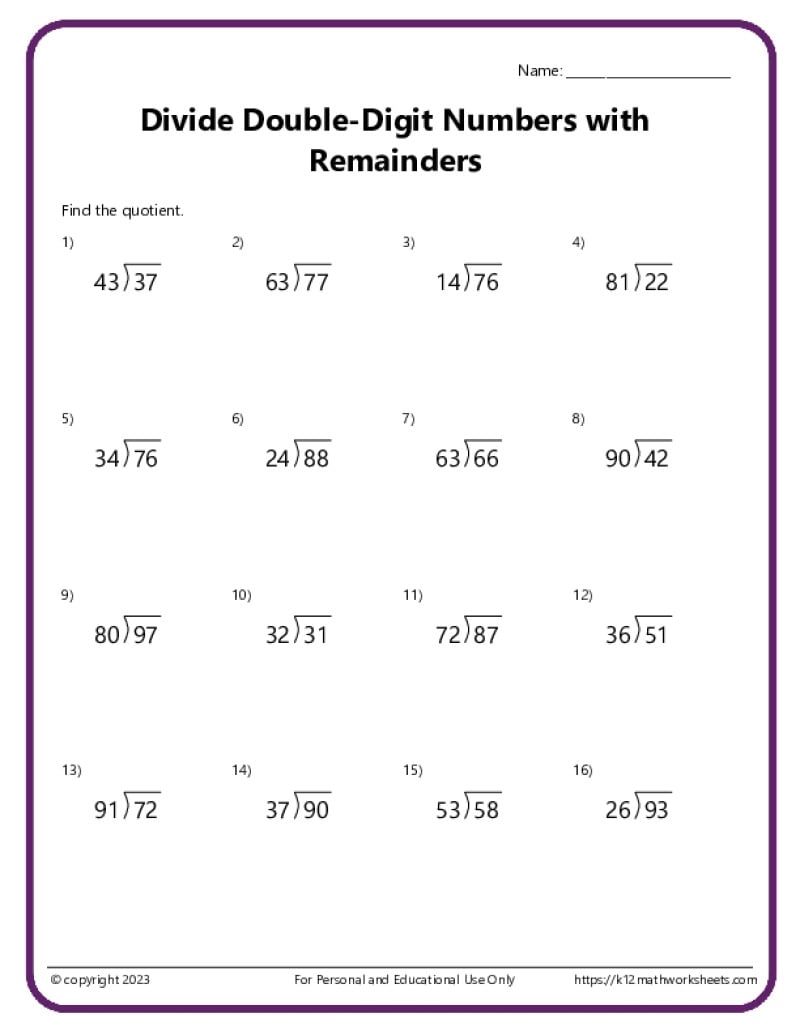 Division Worksheets 3rd Grade