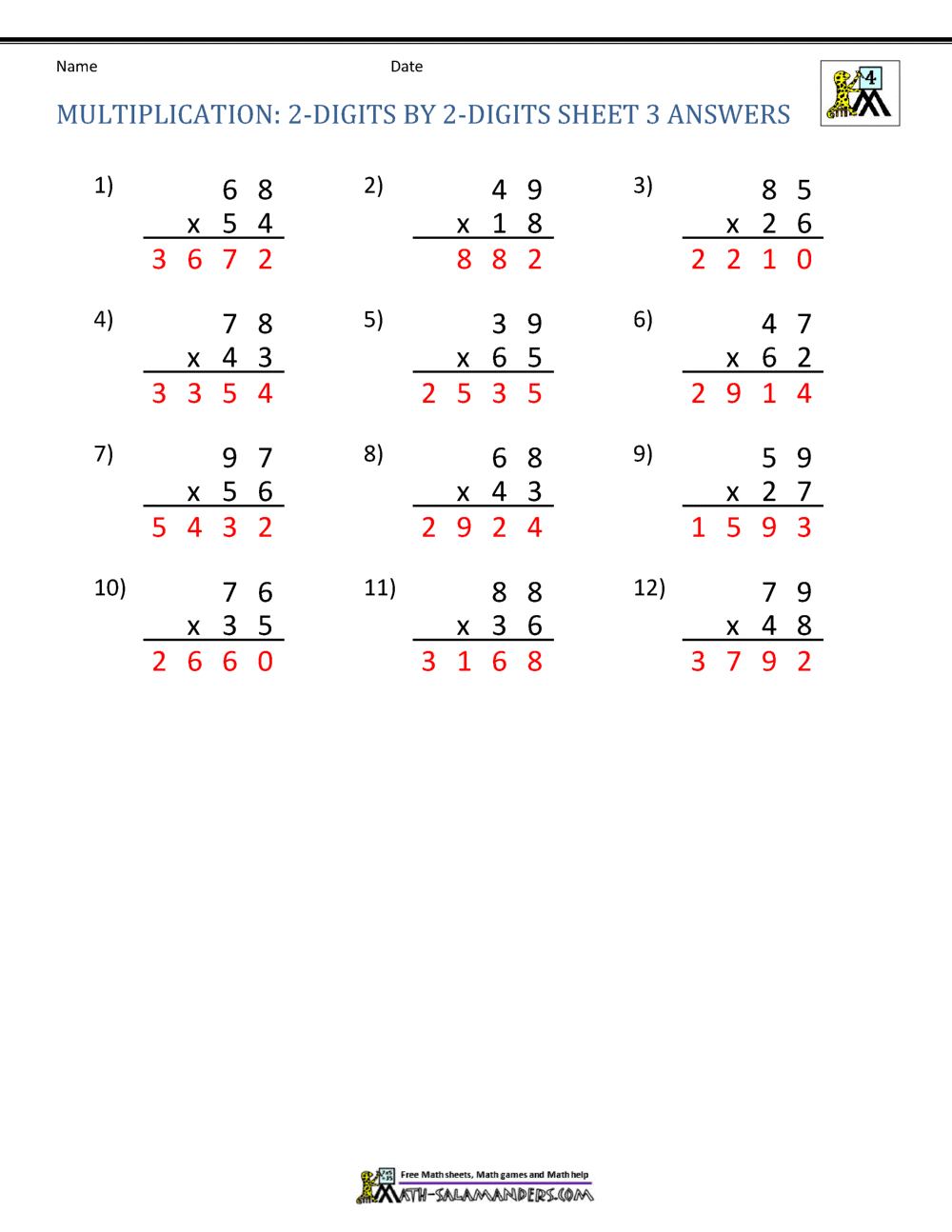Double Digit Multiplication Worksheets 4th Grade