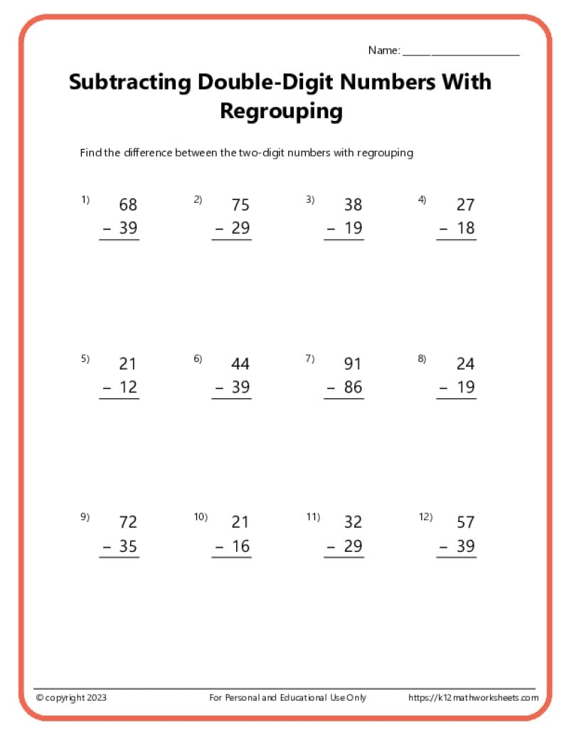 Free Subtraction 2 Digit Regrouping Worksheet