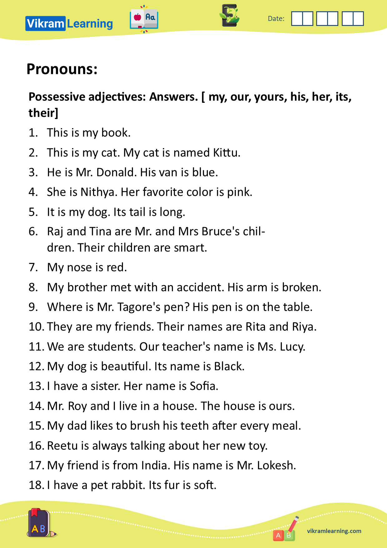 Download Possessive Adjectives Worksheets For Free Vikramlearning