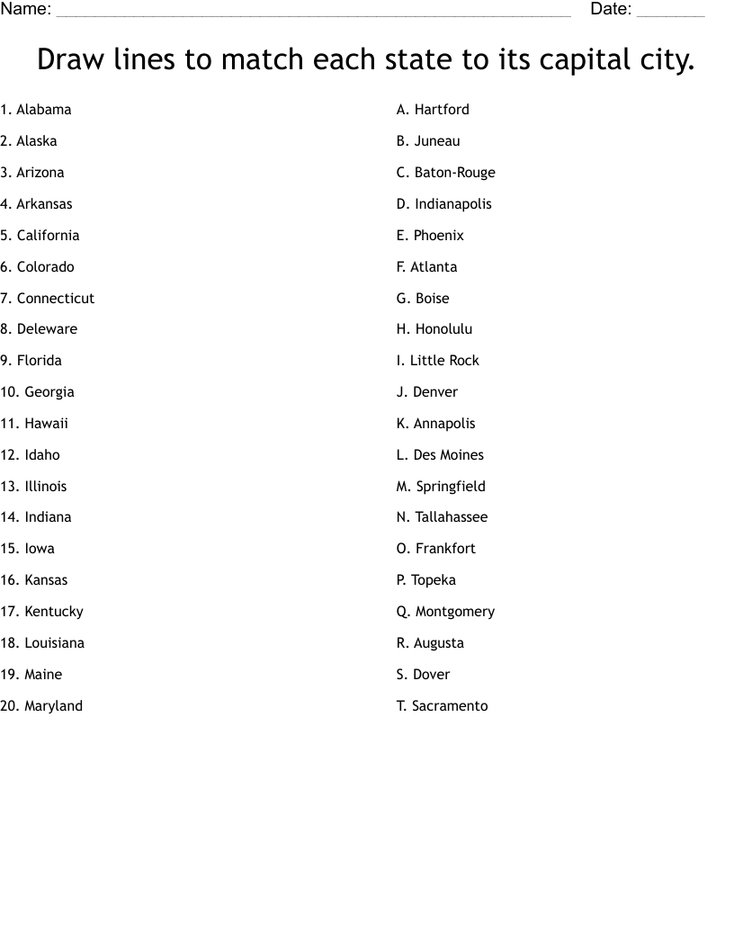 Draw Lines To Match Each State To Its Capital City Worksheet WordMint