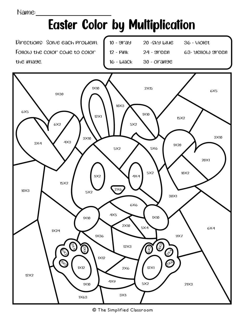 Easter Color By Code Multiplication Worksheets For 2nd 3rd The Simplified Classroom