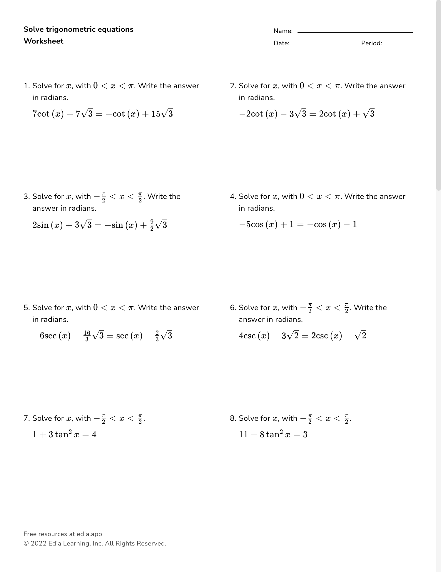 Solving Trigonometric Equations Worksheet Printable Maths Worksheets