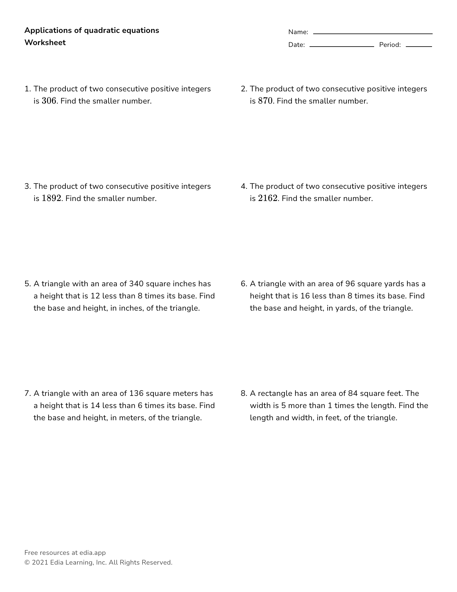 Edia AI Platform For Student Outcomes Writing And Solving Quadratic Equations Worksheet PDF Printable Algebra Worksheet Cazoom Math