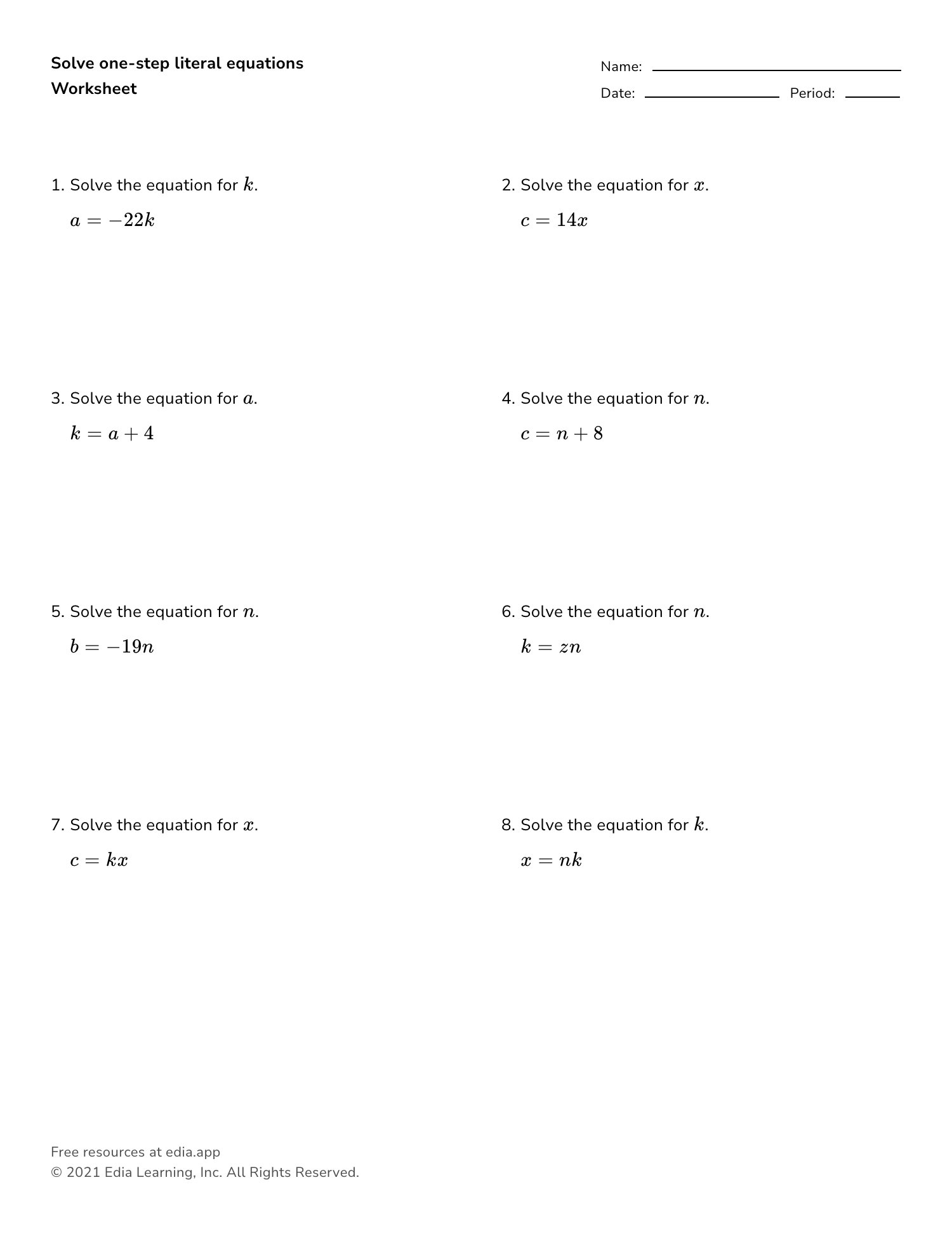 Basic Algebra Worksheets
