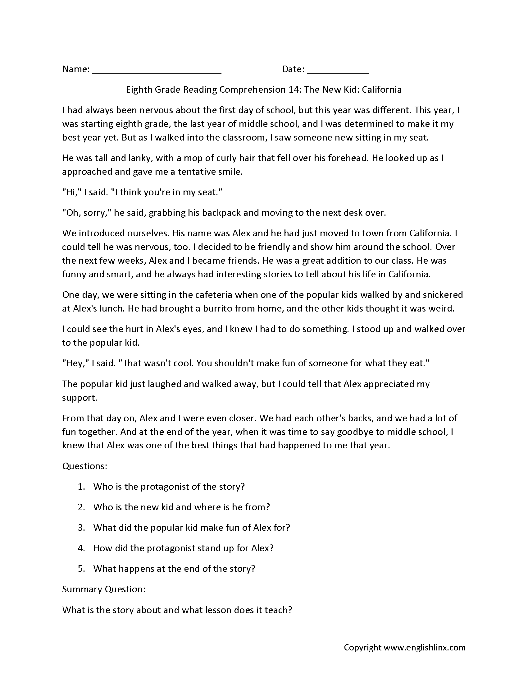 Eighth Grade Reading Comprehension Worksheets Passages Question Sets