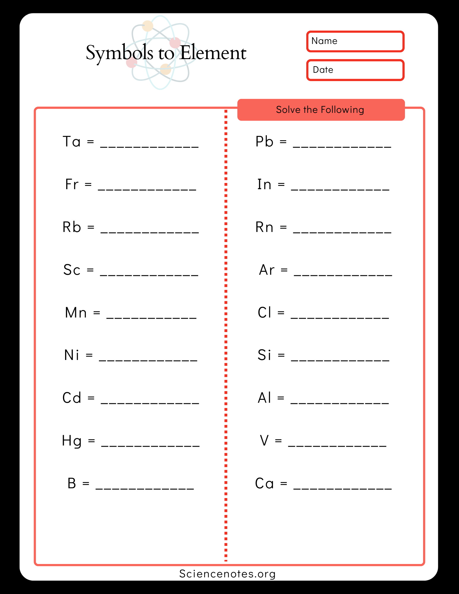 Element Names And Symbols Worksheets Free Printable Periodic Tables PDF And PNG Science Notes And Projects