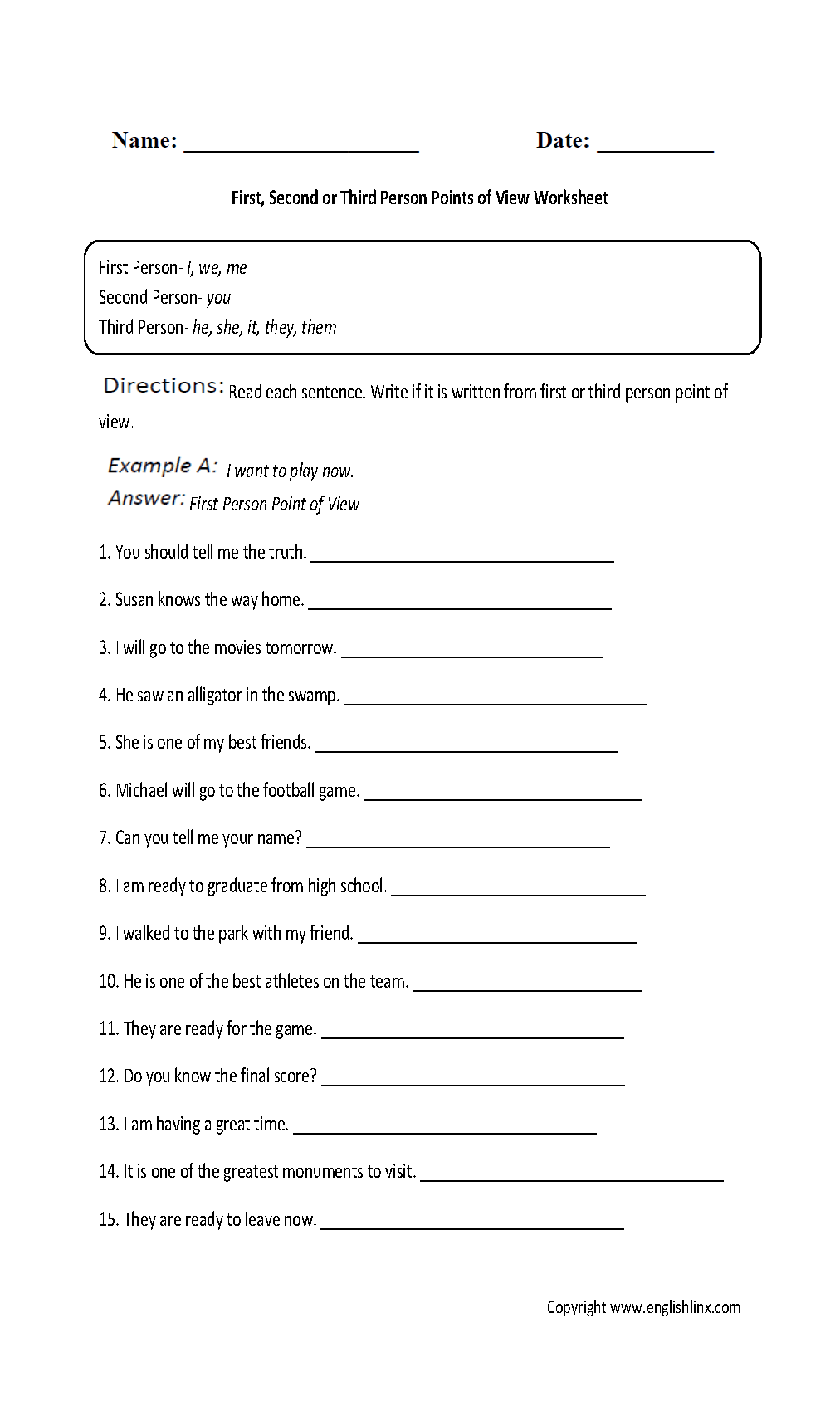 Englishlinx Point Of View Worksheets