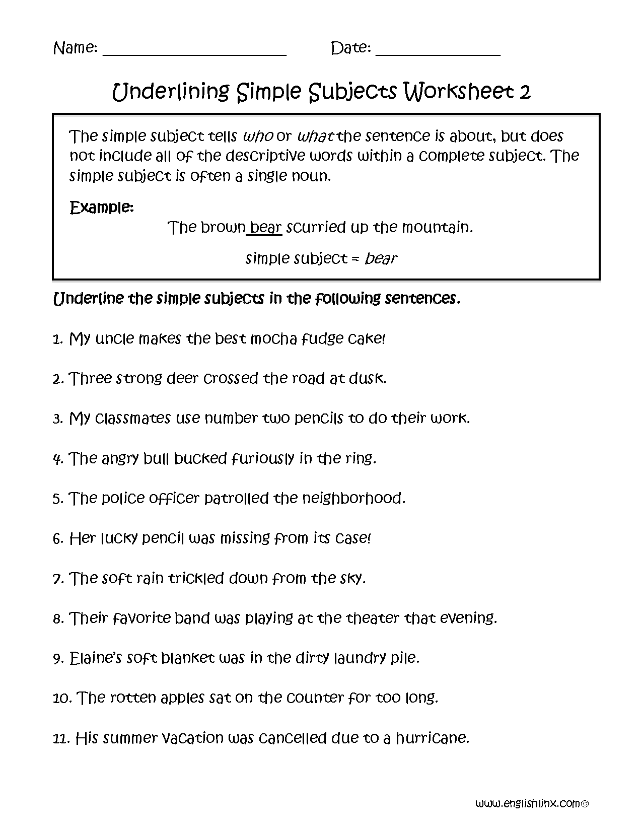 Simple Subjects Predicates Worksheets Ereading Worksheets