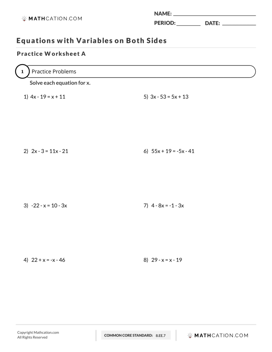 Equations With Variables On Both Sides Worksheet Practice And Worksheets Library