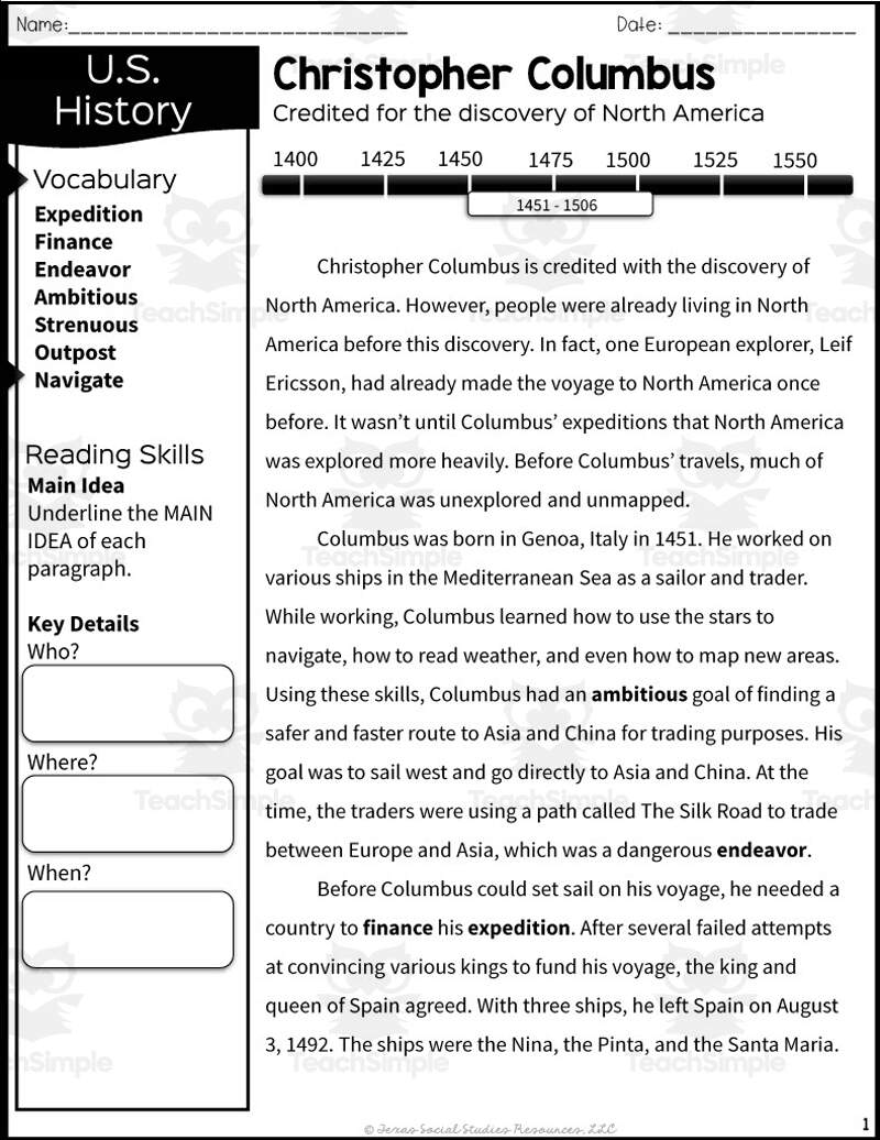 European Exploration With Christopher Columbus Reading Packet By Teach Simple