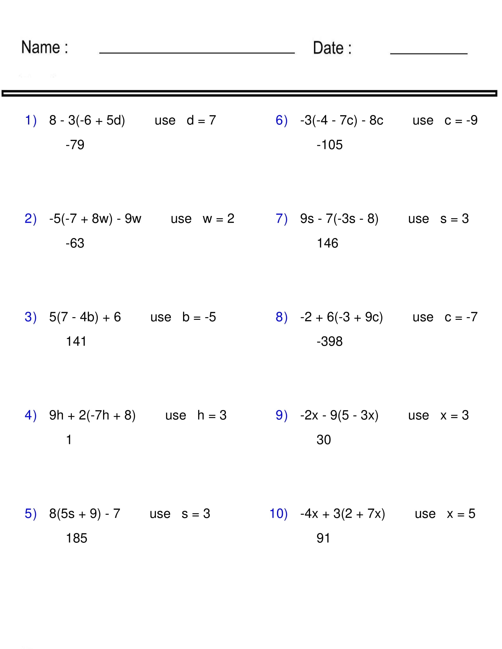 Basic Algebra Worksheets