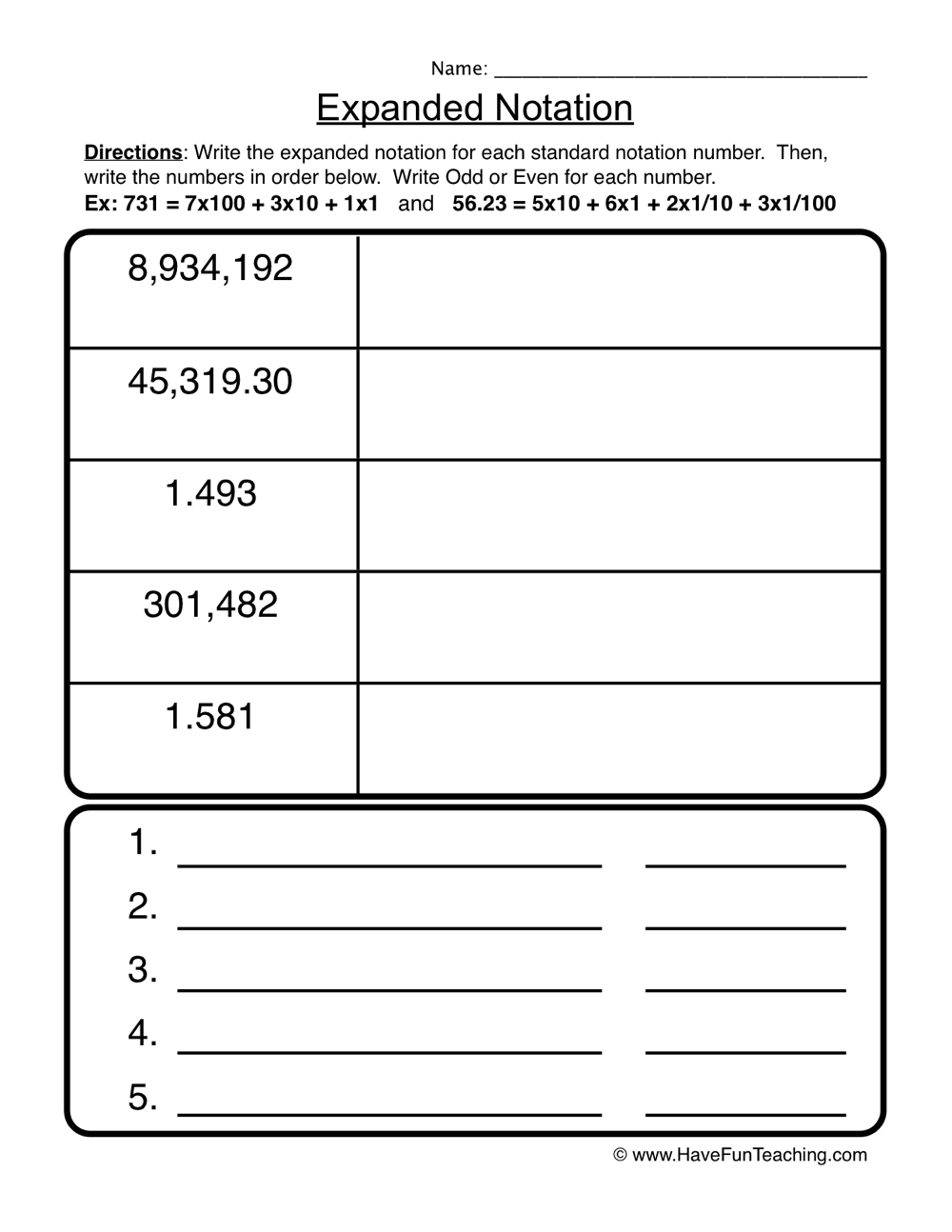 Expanded Notation Worksheet Expand And Write The Numbers Worksheets Library