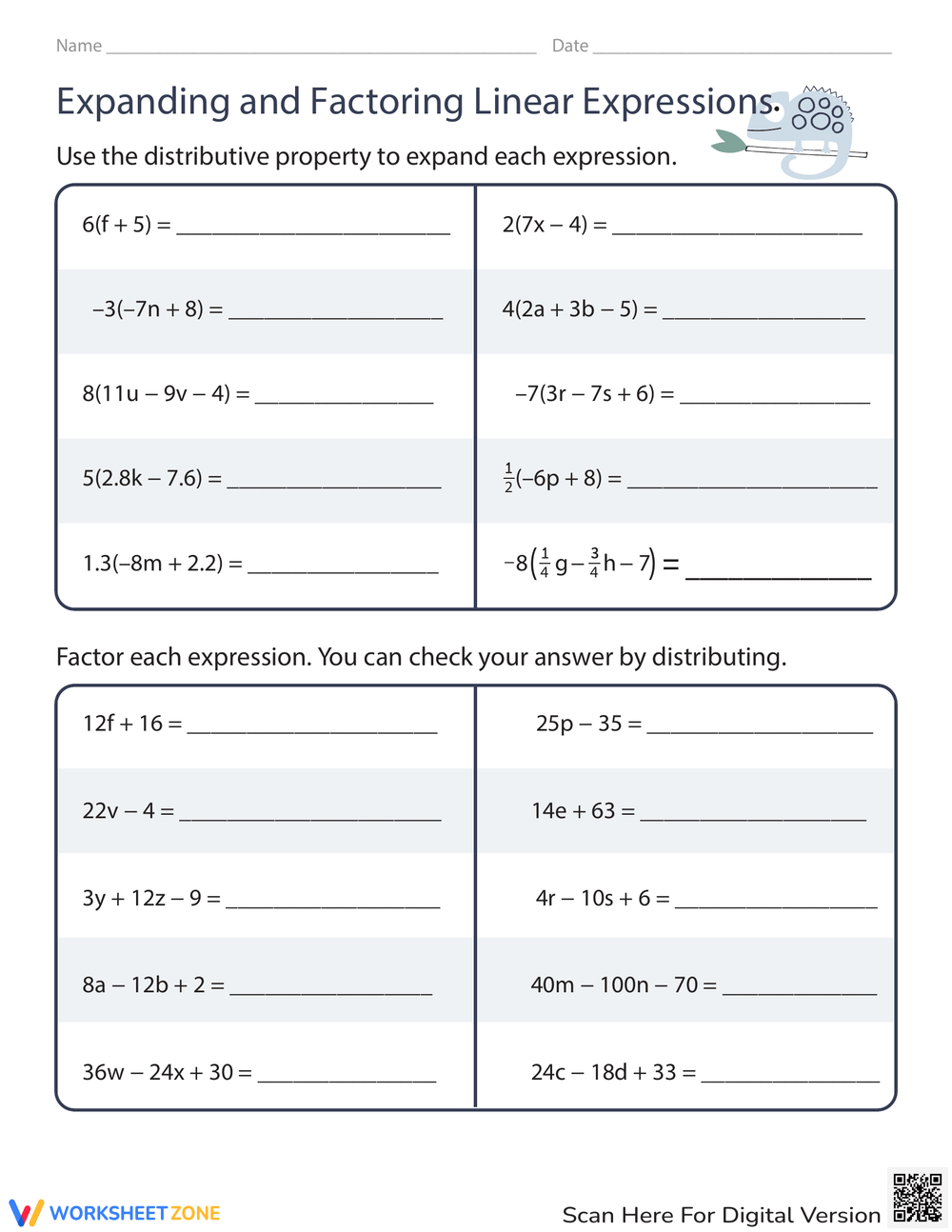 Expanding And Factoring Linear Expressions Worksheet Worksheets Library