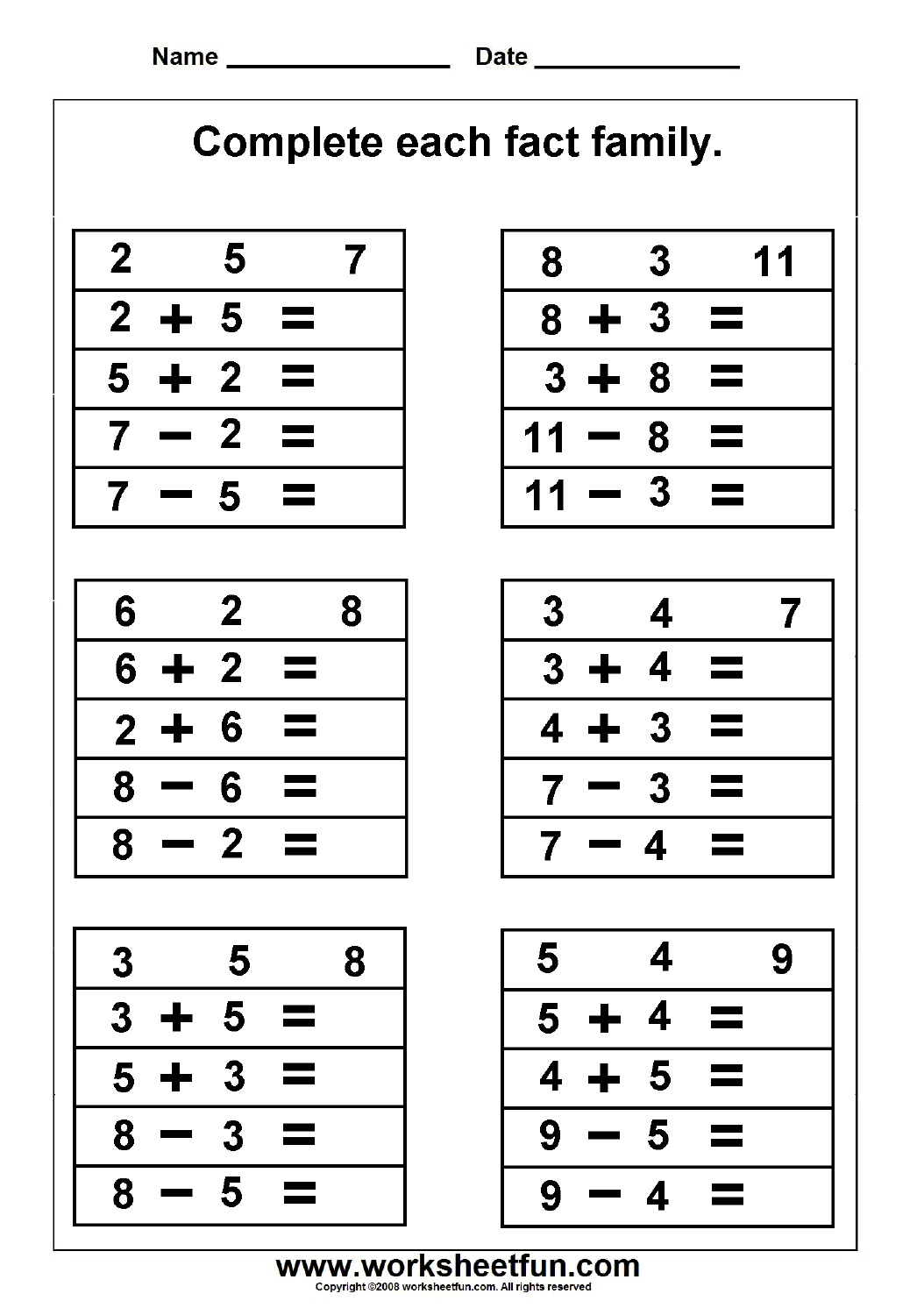 Fact Family Complete Each Fact Family 2 Worksheets FREE Printable Worksheets Worksheetfun