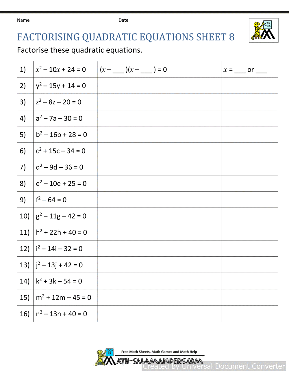 Factoring Quadratic Equations Factoring Quadratic Equations