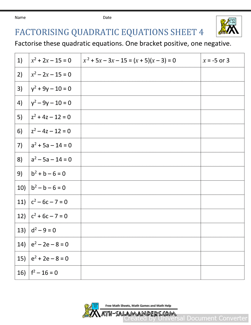 Factoring Quadratic Equations Solving Quadratic Equations C By Quadratic Formula Worksheet PDF Printable Algebra Worksheet Cazoom Math
