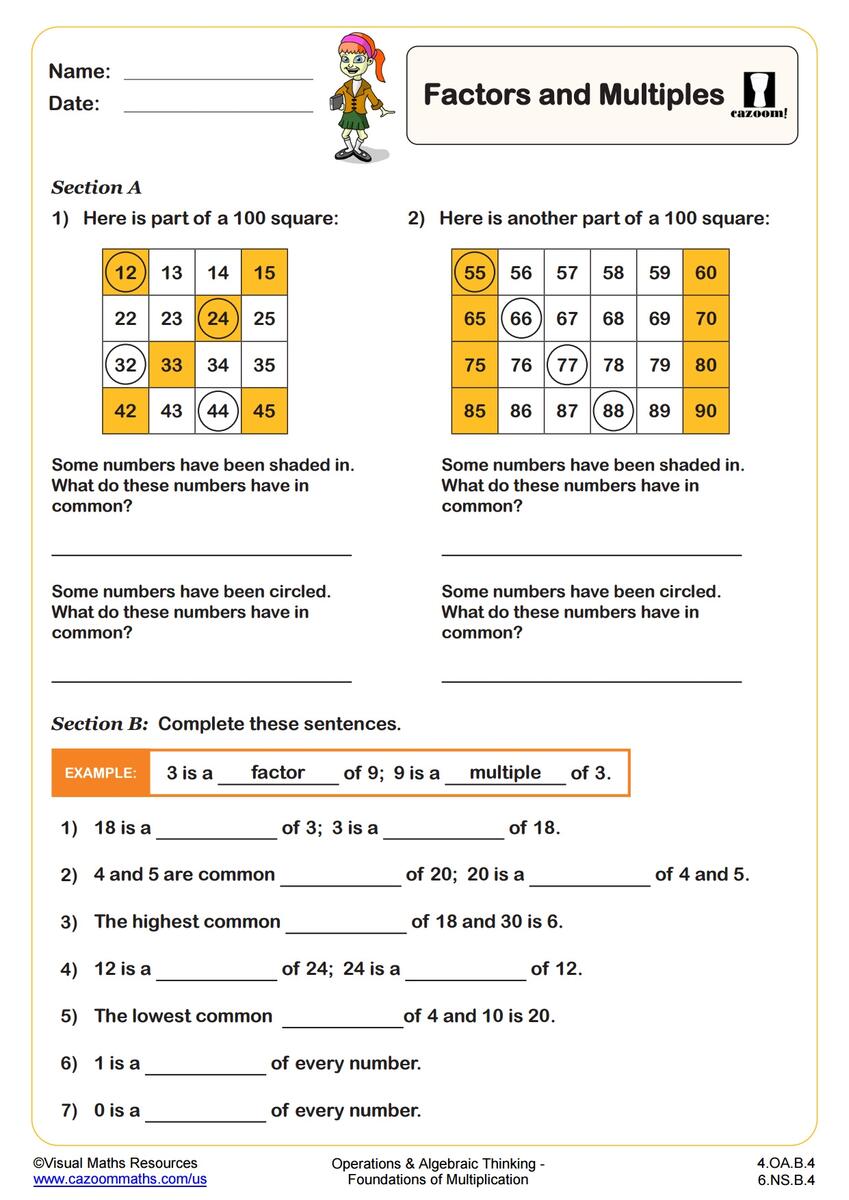 Factors And Multiples Worksheet PDF Printable Operations And Algebraic Thinking Worksheets Cazoom Math 4th Grade Math Practice Multiples Factors And Inequalities
