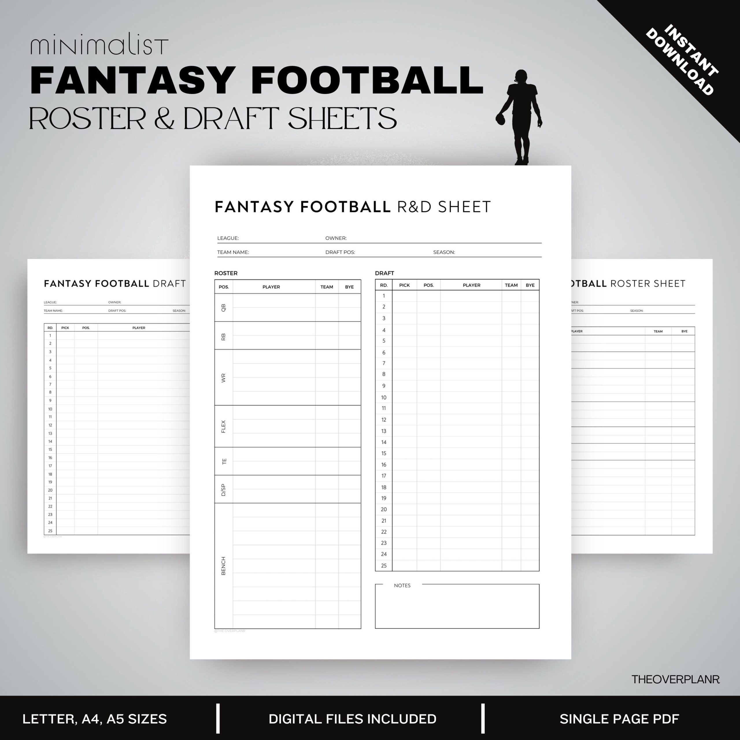 Fantasy Football Draft Kit Printable Roster Cheat Sheet Digital Download US Letter A4 A5 Ipad Template Etsy Israel