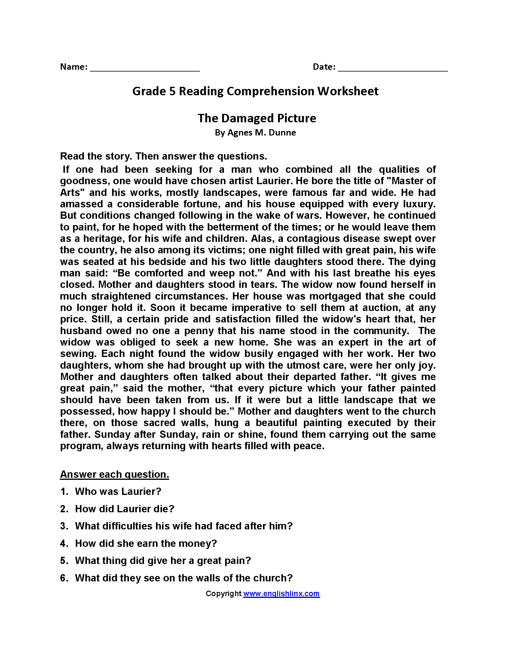 Fifth Grade Reading Comprehension Worksheets