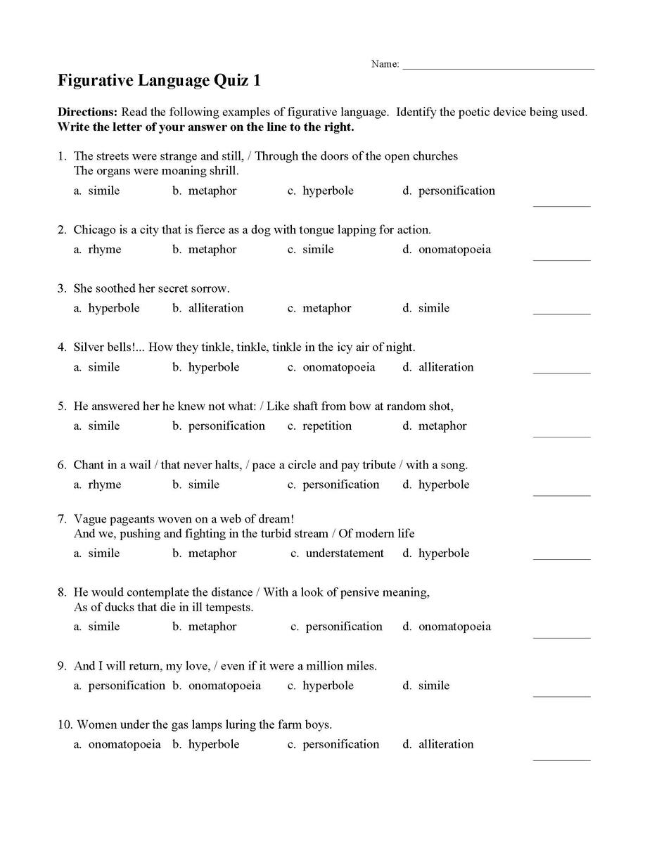 Figurative Language Quiz 1 Reading Activity