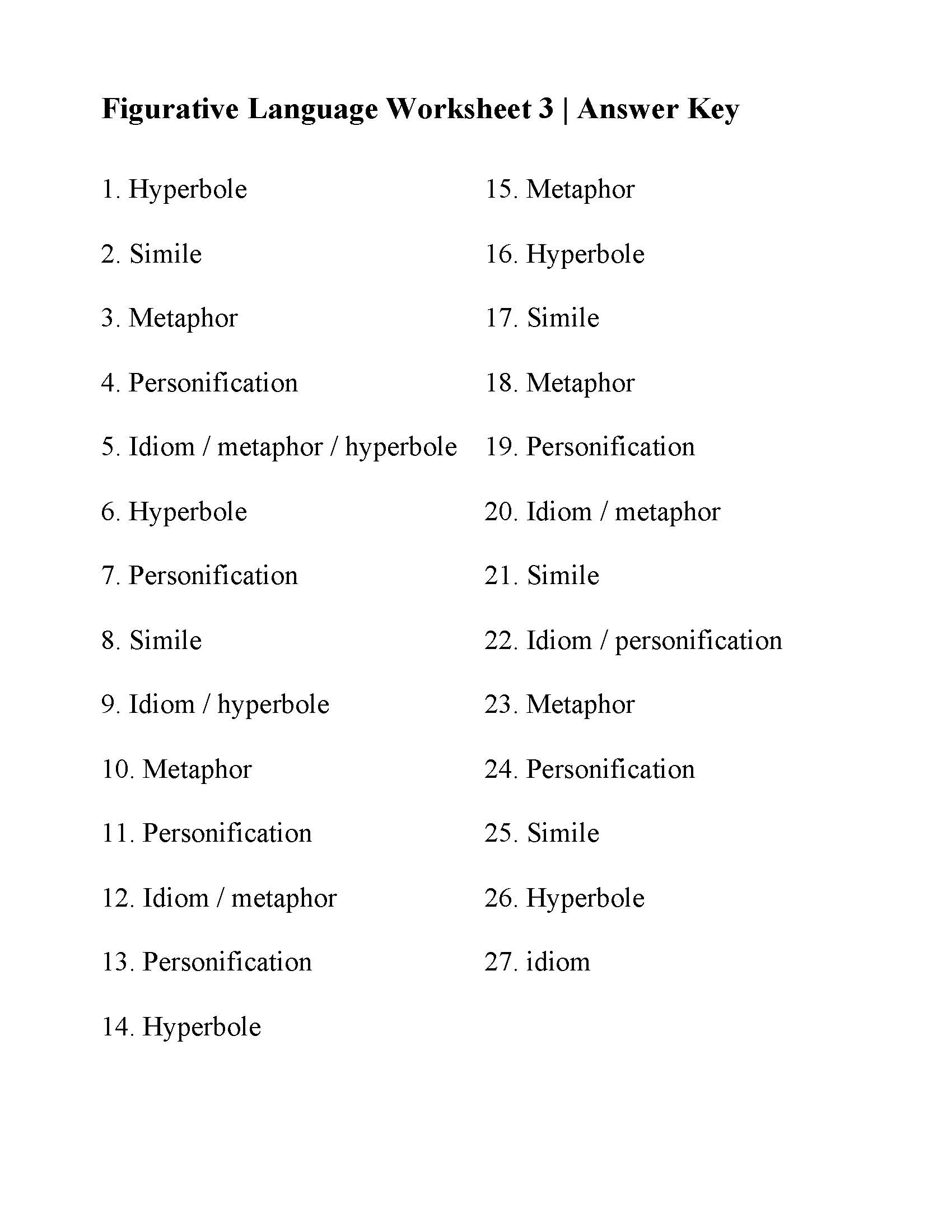 Figurative Language Worksheet 3 Reading Activity