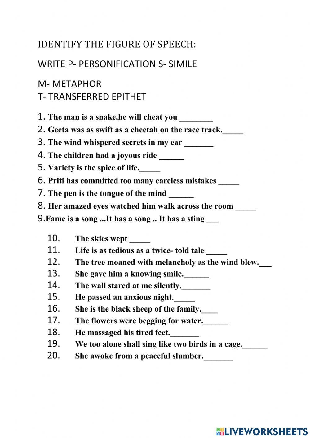 FIGURE Of Speech Activity Worksheets Library