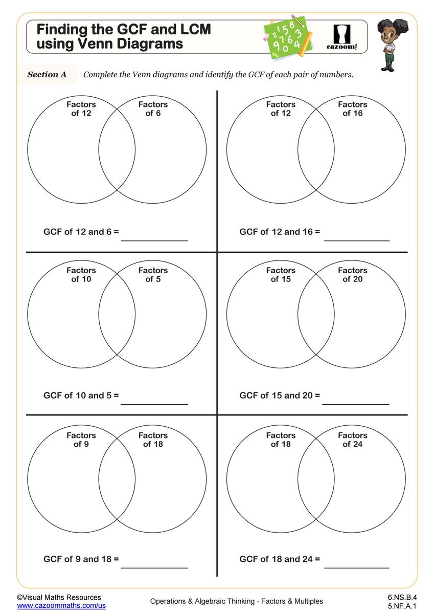 Finding The GCF And LCM Using Venn Diagrams Worksheet Fun And Engaging 6th Grade PDF Worksheets Cazoom Math