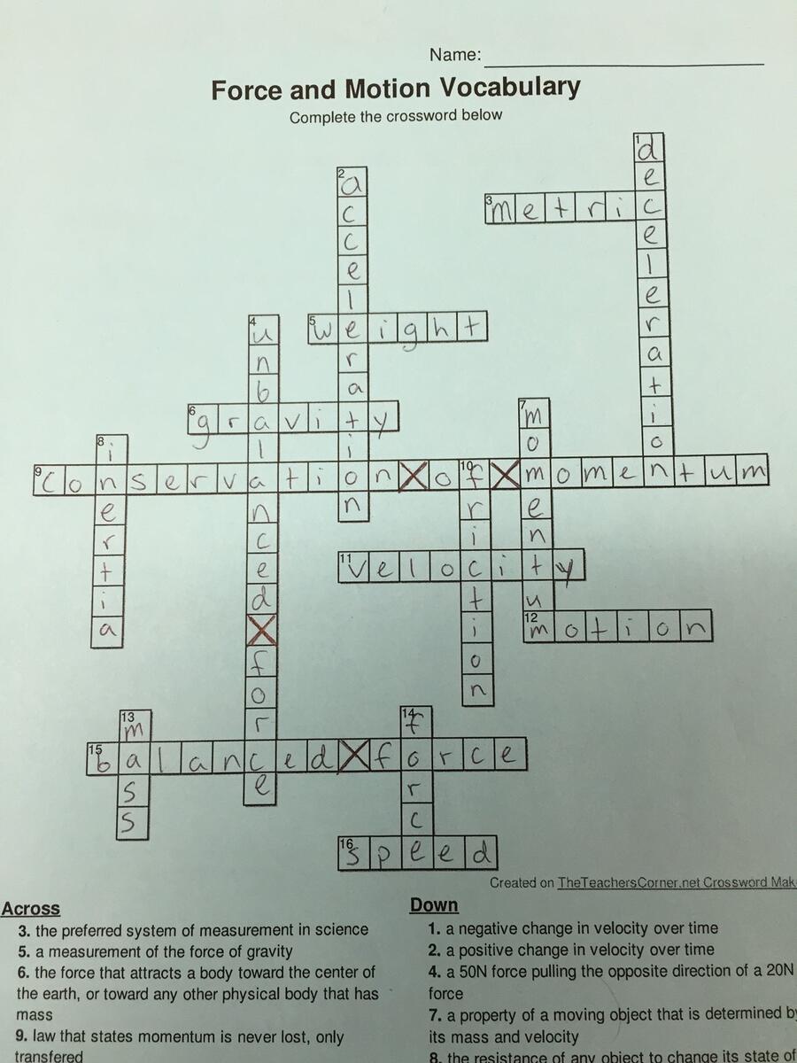 Force And Motion Crossword Key Highview Science