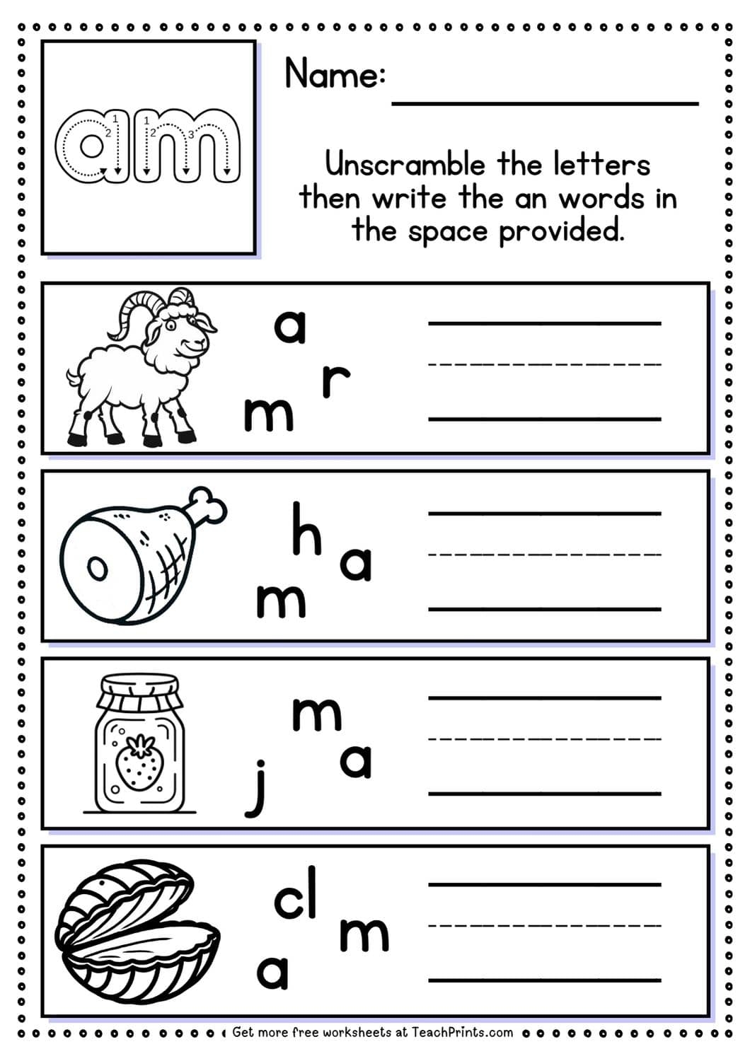 Free Am Word Family Worksheets Teach Prints