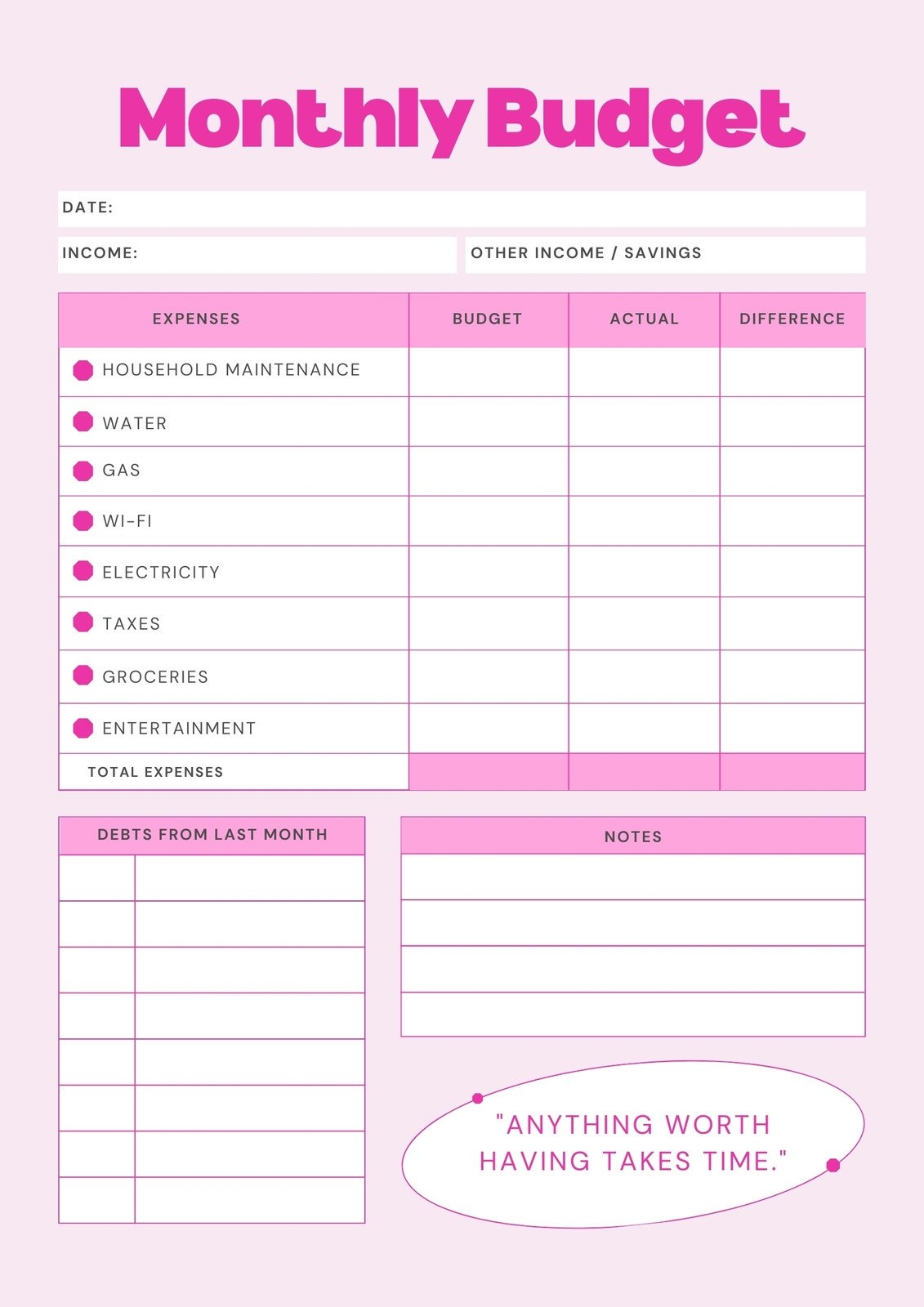 Monthly Budget Planner Printable Simple Budget Worksheet Personal Budget Template Instant Download Etsy