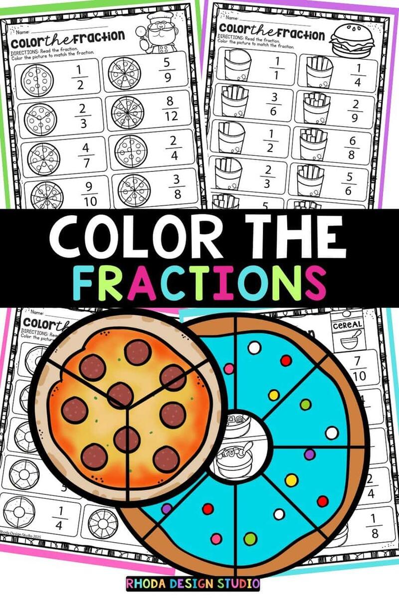 Free Color The Fractions Food Worksheets
