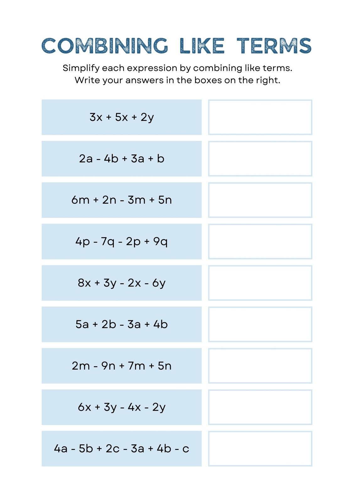 Free Custom Combining Like Terms Worksheet Templates Canva