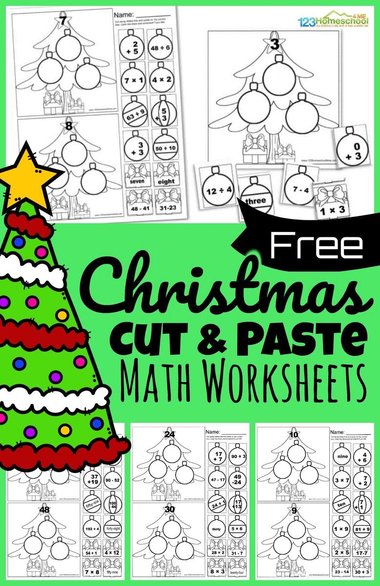 Free CUT And PASTE Christmas Math Worksheets