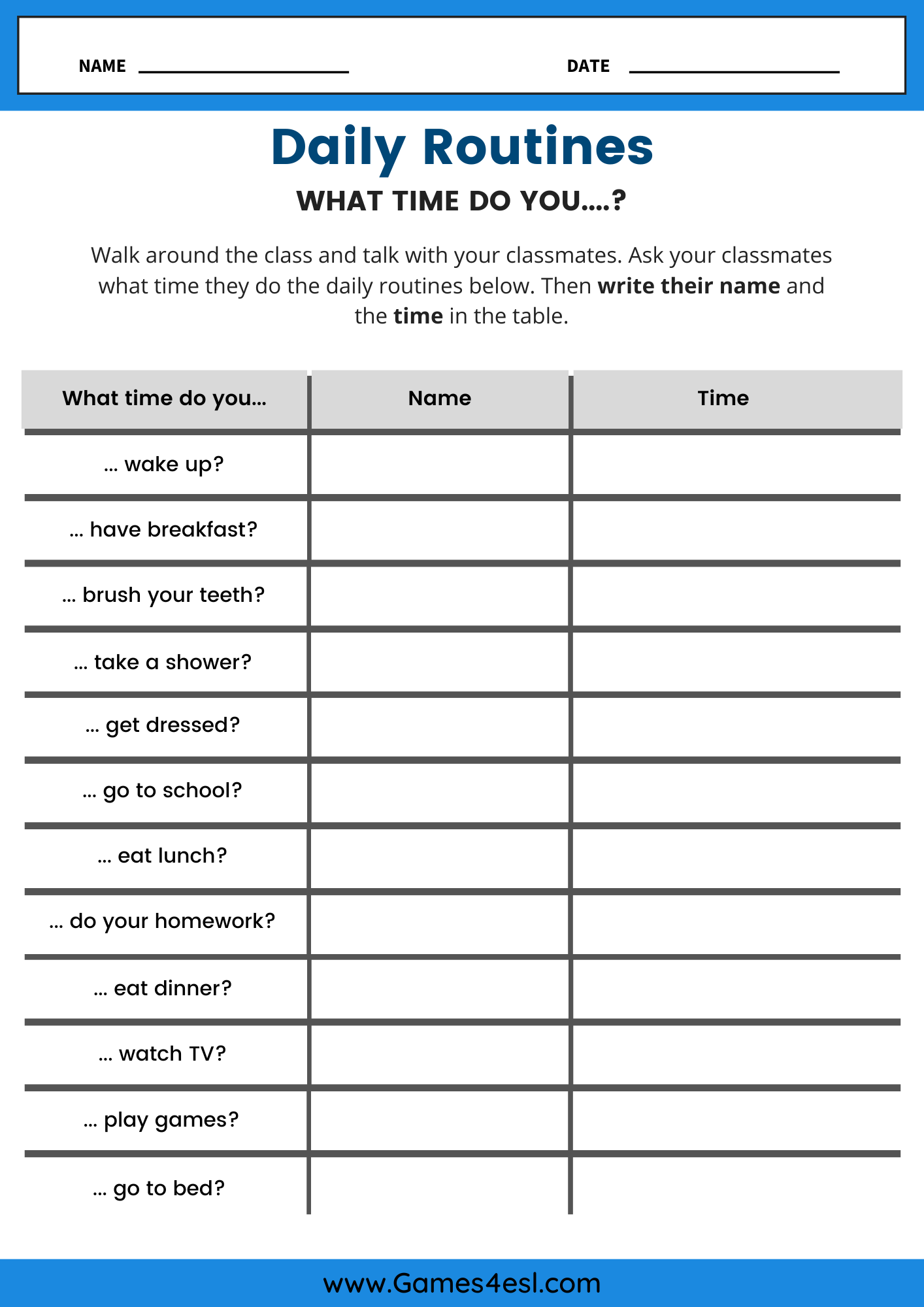 Free Daily Routine Worksheets For Beginners Games4esl