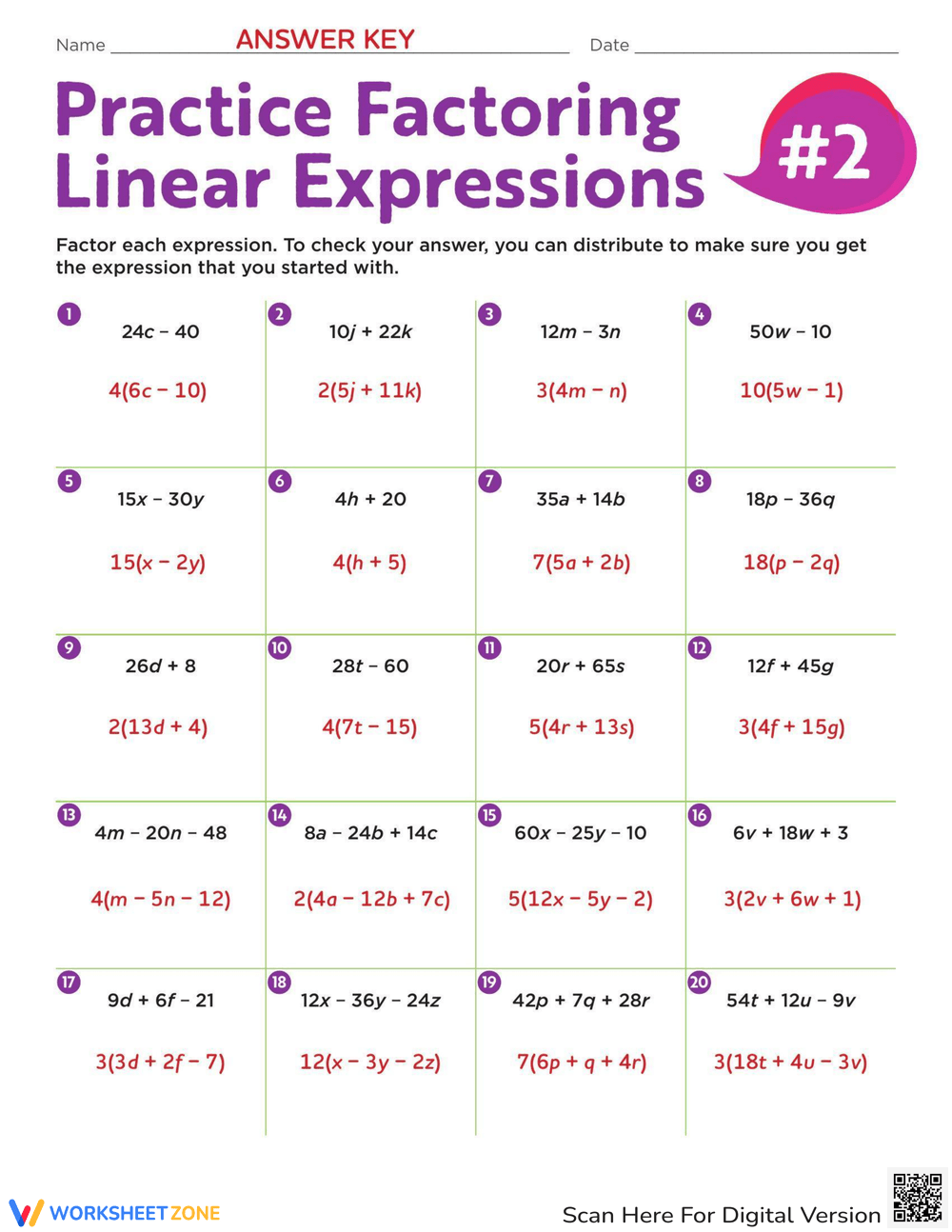 Expanding And Factoring Linear Expressions Worksheet Worksheets Library
