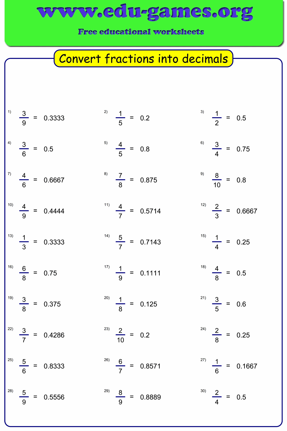 Free Fraction To Decimal Worksheets PDF Easy Generator For Students Percentages Fractions And Decimals Worksheets Printable Fractions Decimals And Percentages Worksheets PDF And Free Samples Downloads Cazoom Maths