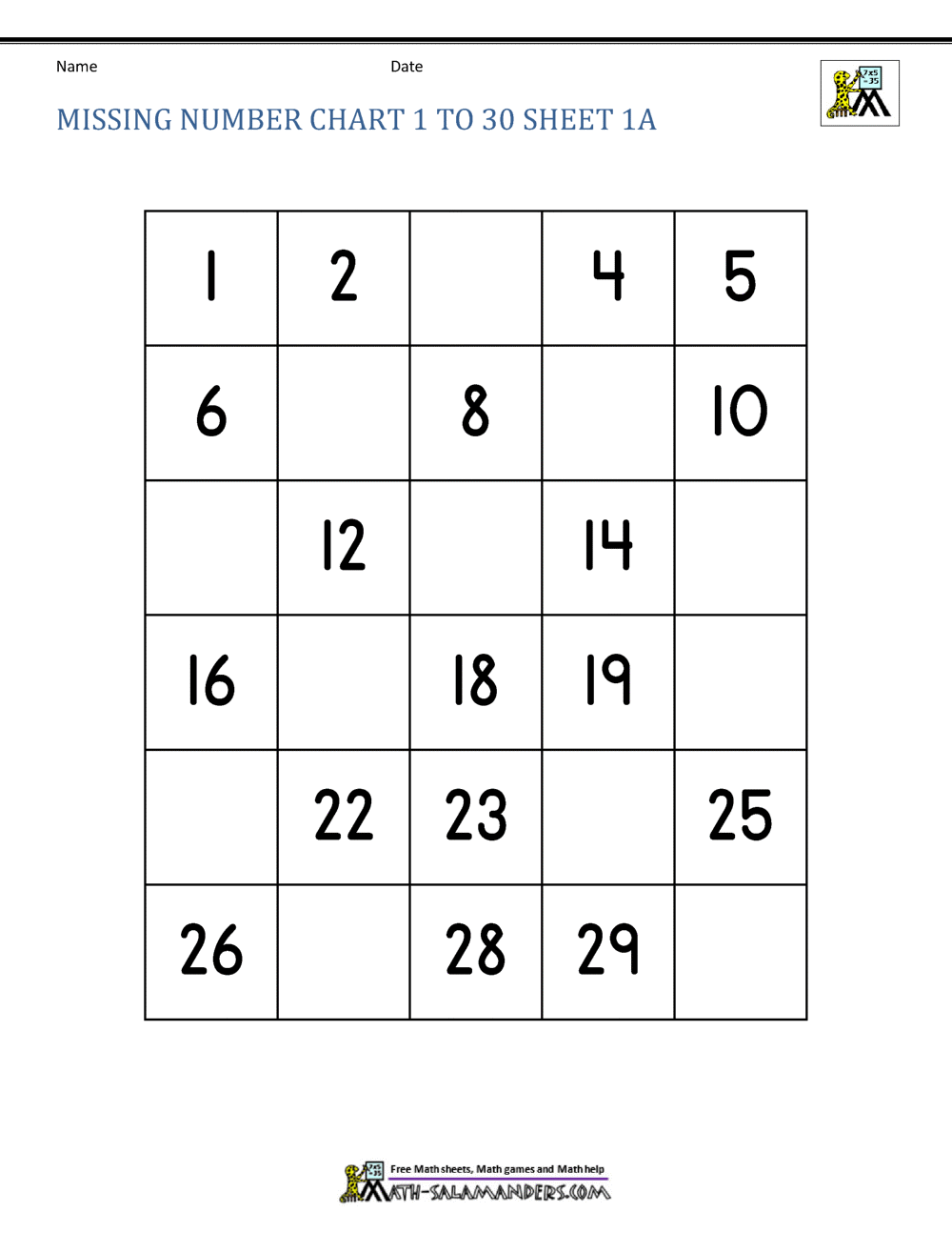 Free Number Chart 1 30 Worksheets Library
