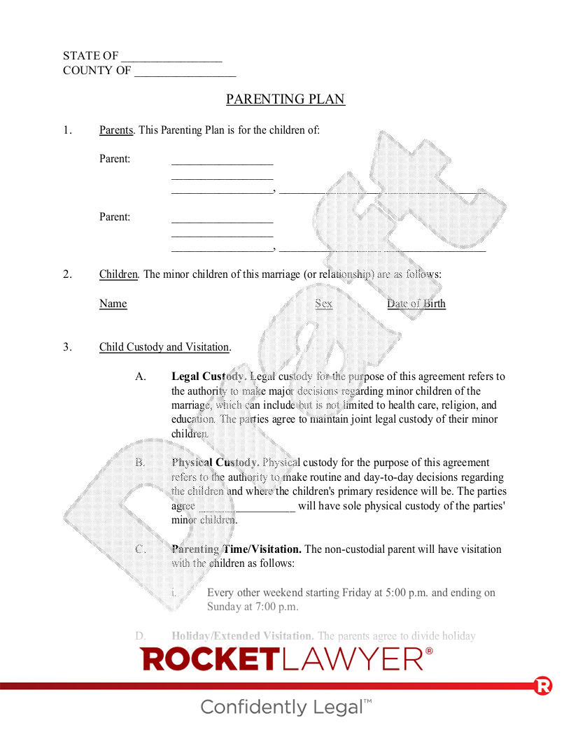 Free Custody Parenting Plan Agreement Template PDF Word EForms