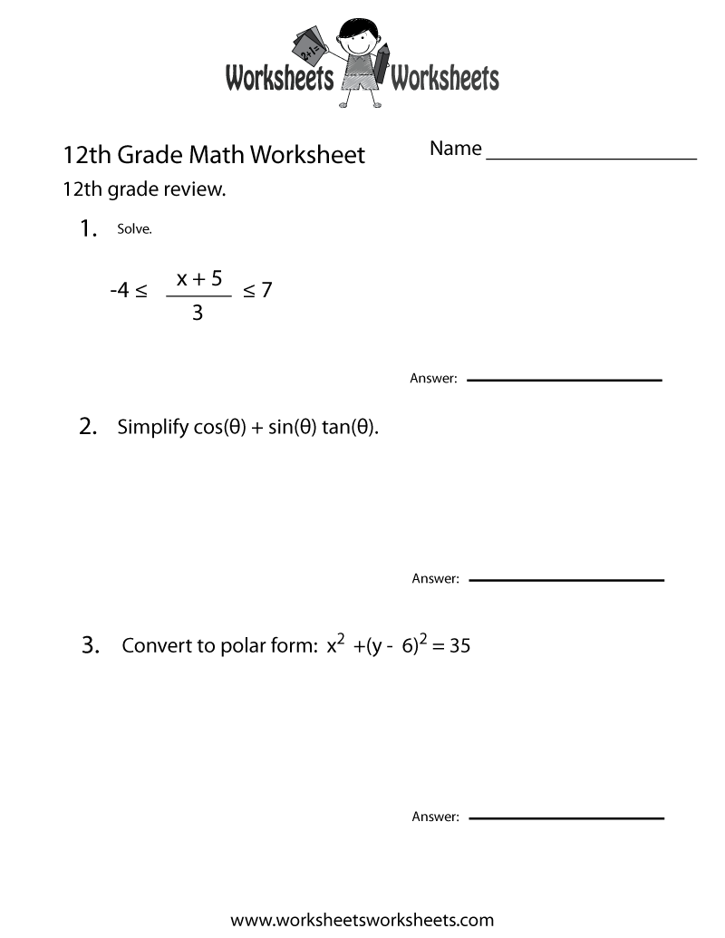 Free Printable 12th Grade Math Review Worksheet Free Printable Twelfth Grade Math Practice Worksheet