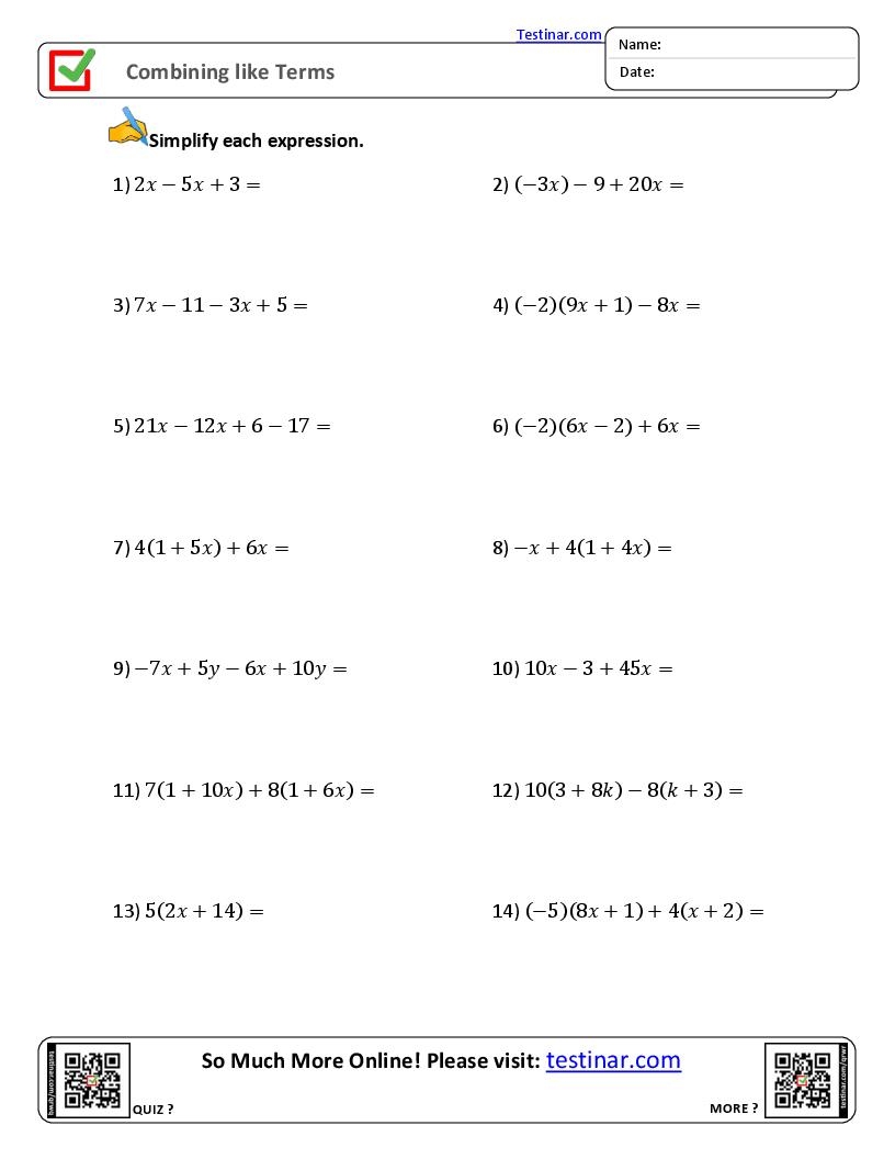 FREE Printable Combining Like Terms Worksheets