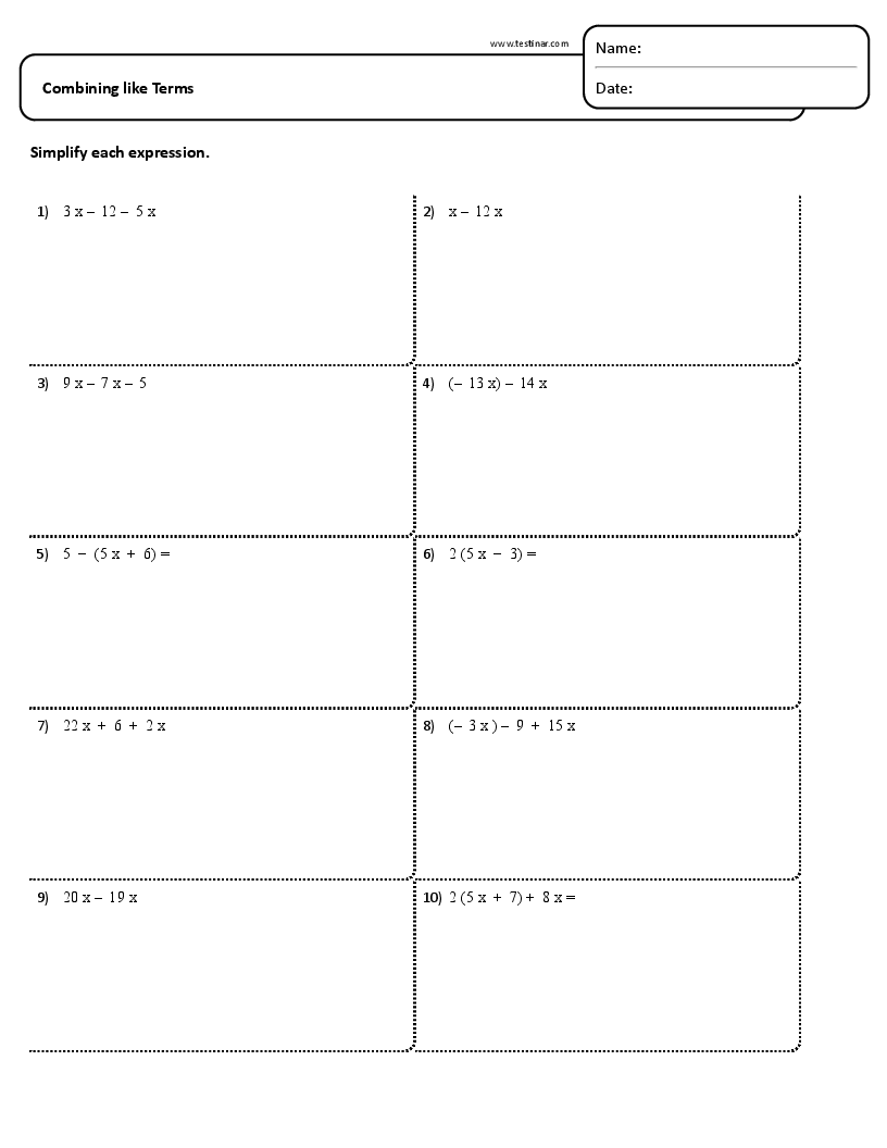 FREE Printable Combining Like Terms Worksheets