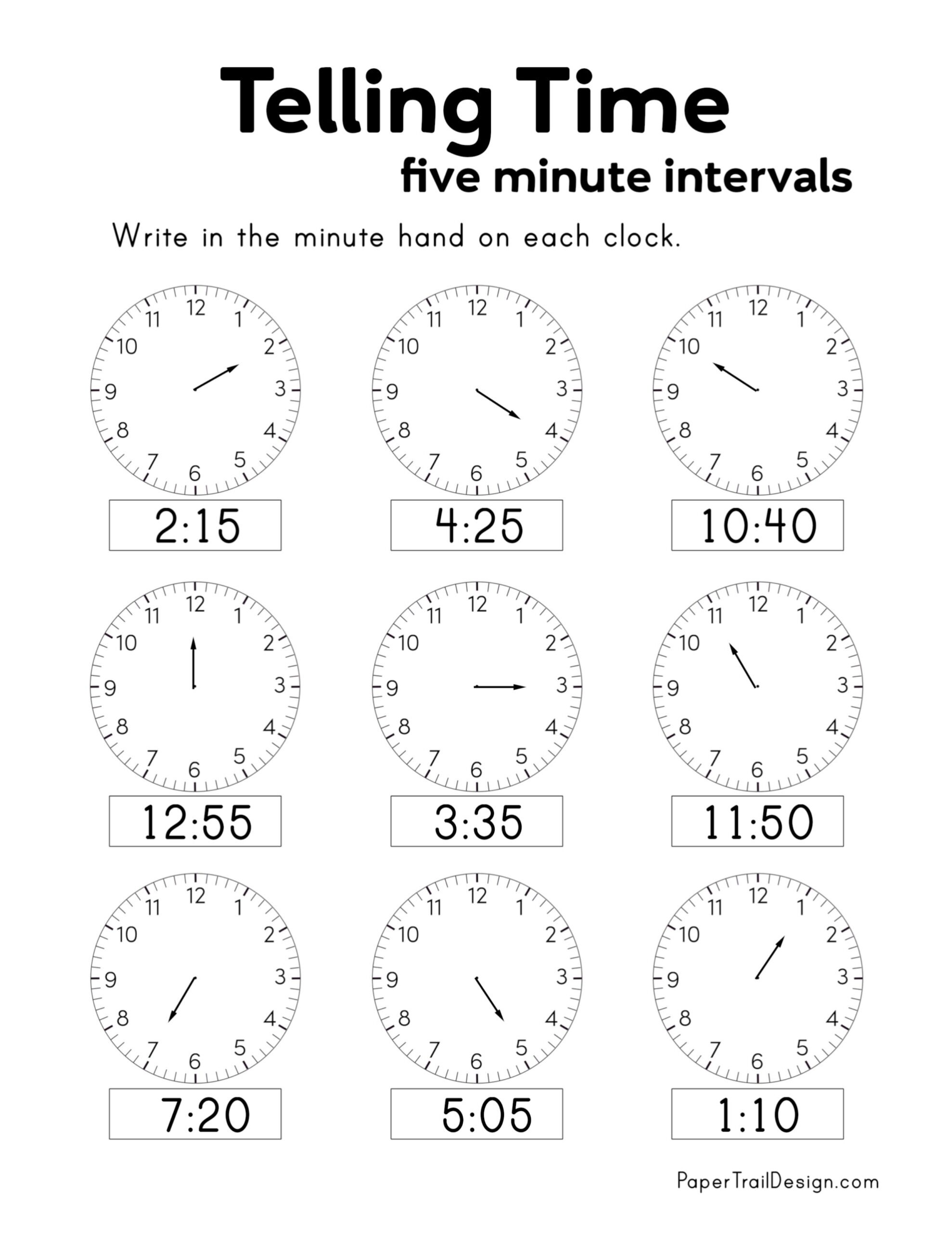 Free Printable Telling Time Worksheets Paper Trail Design Telling Time To 5 Minutes Worksheets