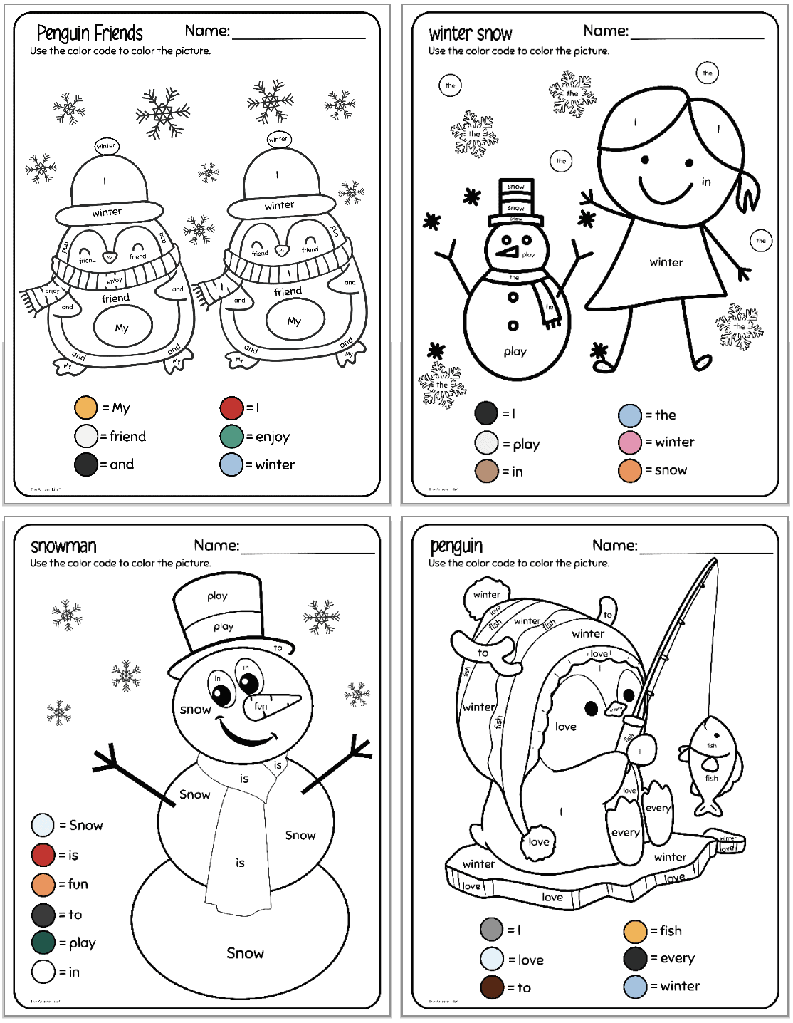 Free Printable Winter Color By Sight Word Worksheets The Artisan Life