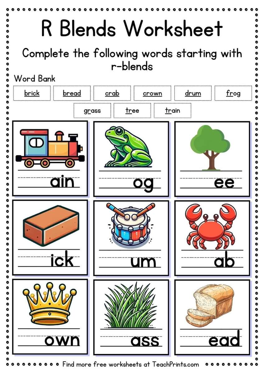 Free R Blend Worksheets Teach Prints